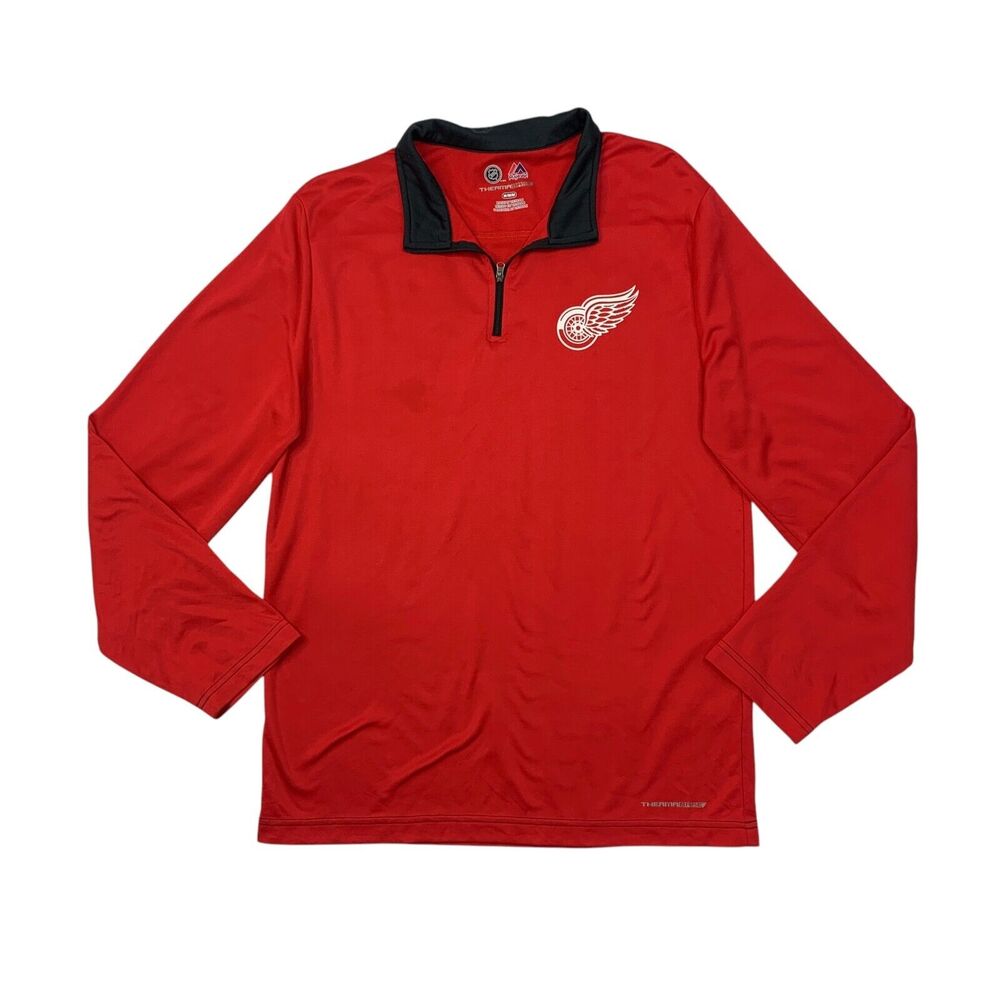 Majestic Detroit Red Wings Shirt Mens M Medium Red Black NHL 1/4 Zip Therma Base